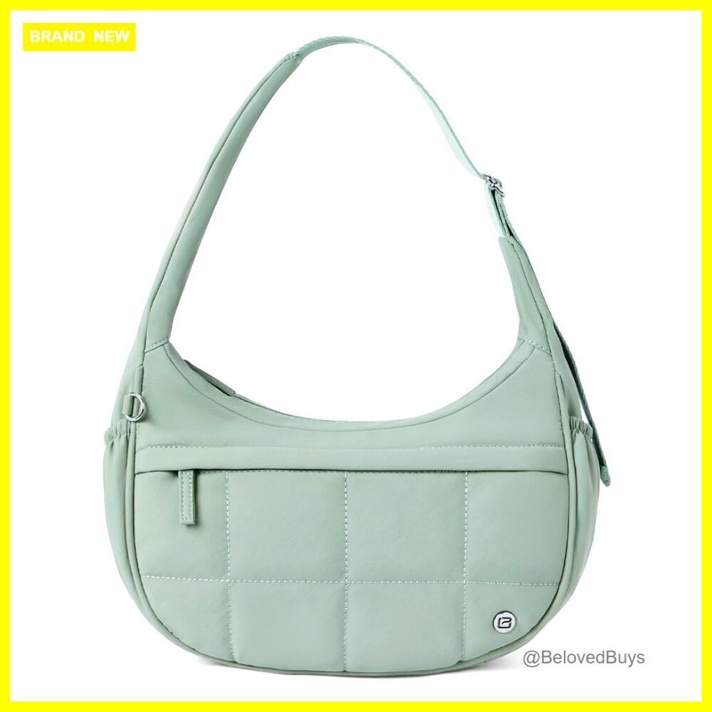 Small Nylon Quilted Crescent Shoulder Bag Triple Zip Pocket Puffer Travel